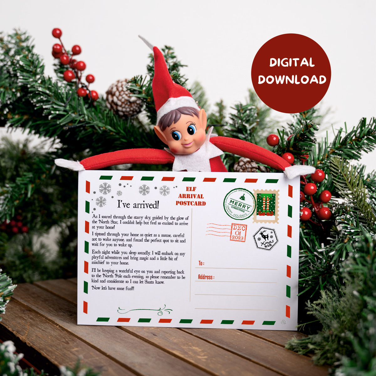 DIGITAL DOWNLOAD - Personalised Elf Arrival Postcard - 2023 – Porky Penguin