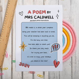 Teacher Poem End of Term Class Card - Class Pack