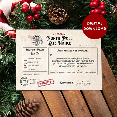 DIGITAL DOWNLOAD - Late Arrival Notice from Santa or Father Christmas