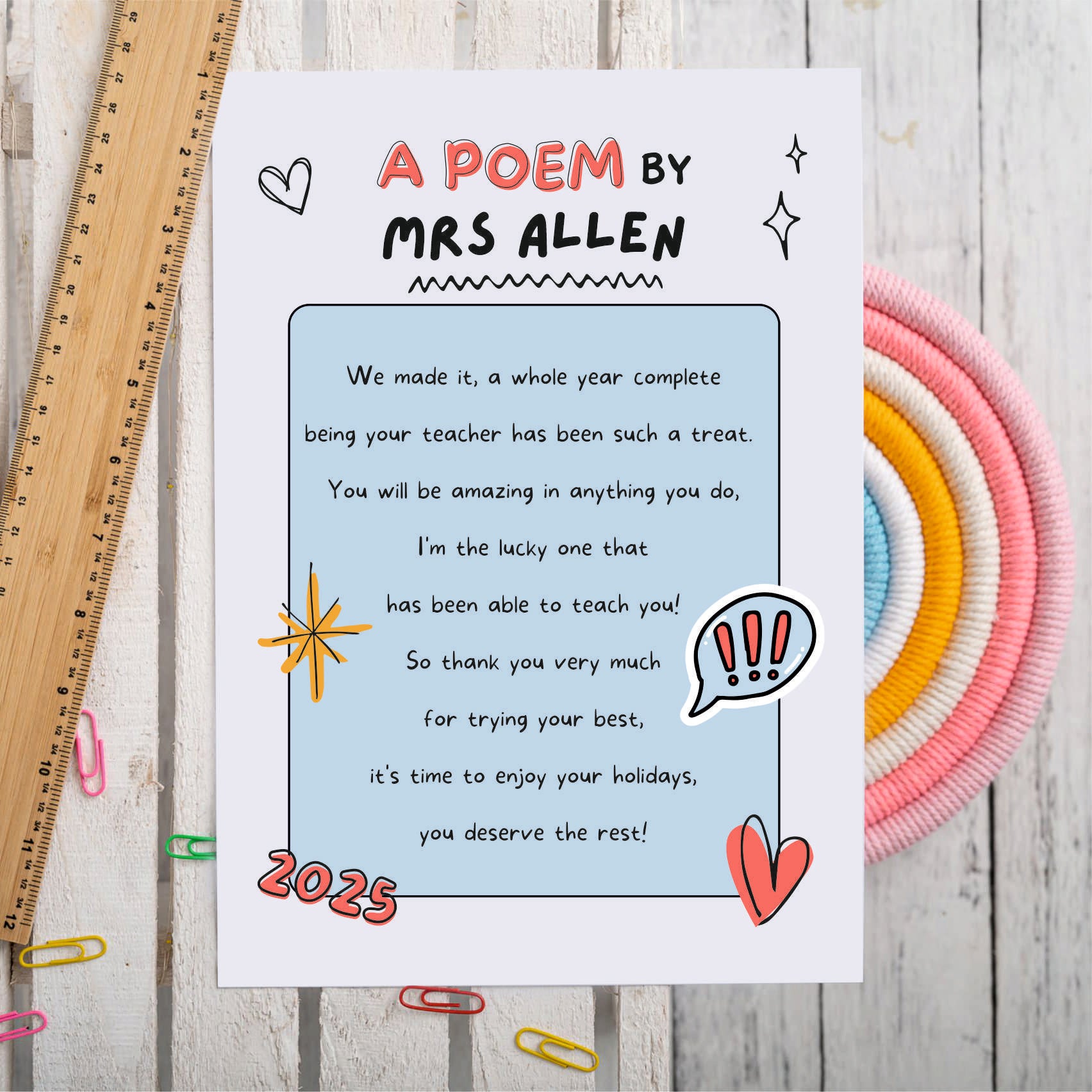 Teacher Poem End of Term Class Print - Class Pack