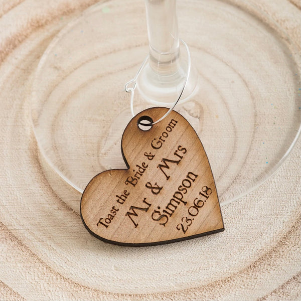 Toast the Bride & Groom Wooden Heart Wine Glass Charms